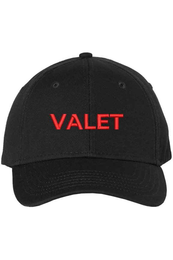 Valet Baseball Hat | Embroidered Parking Attendant Help Service Park Professional Staff Cap (Black/Red)