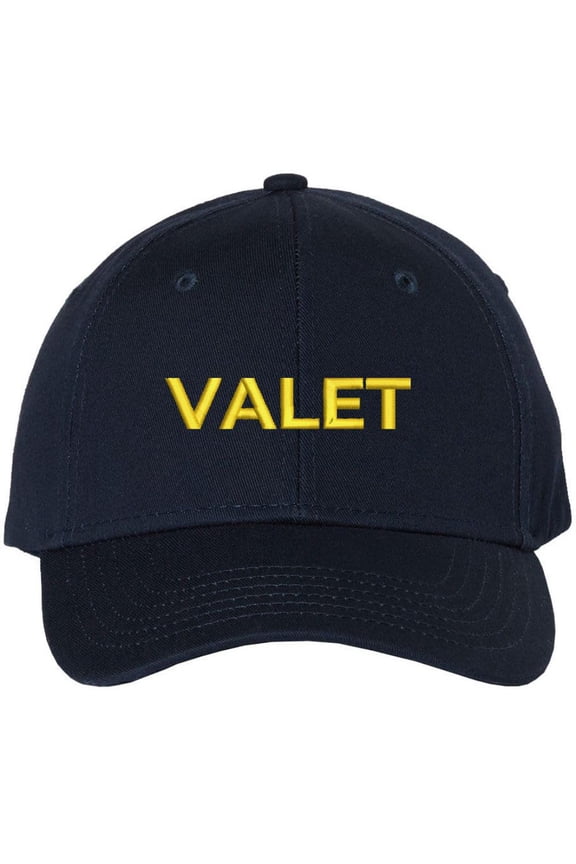 Valet Baseball Hat | Embroidered Parking Attendant Help Service Park Professional Staff Cap (Navy/Gold)