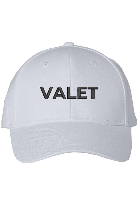 Valet Baseball Hat | Embroidered Parking Attendant Help Service Park Professional Staff Cap (White/Black)