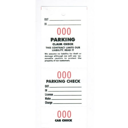 Valet PARKING CLAIM CHECK Tag w Liability Clause, White Stock Printed in Black, Red Numbers (000-999), 6-3/4" x 2-1/2" - Box of 1,000