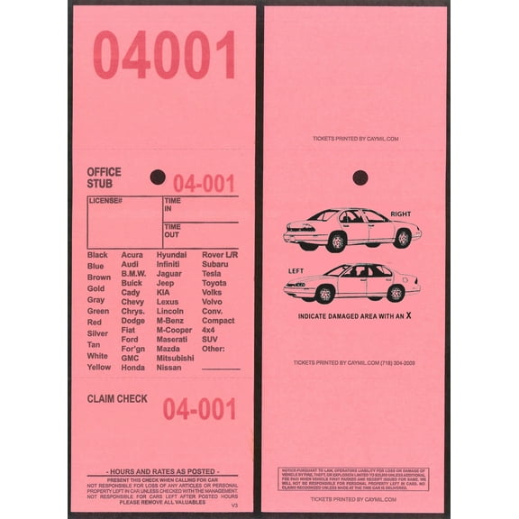 Valet Parking Tickets 3-Part 1,000 with Free Parking Receipts (Pink)