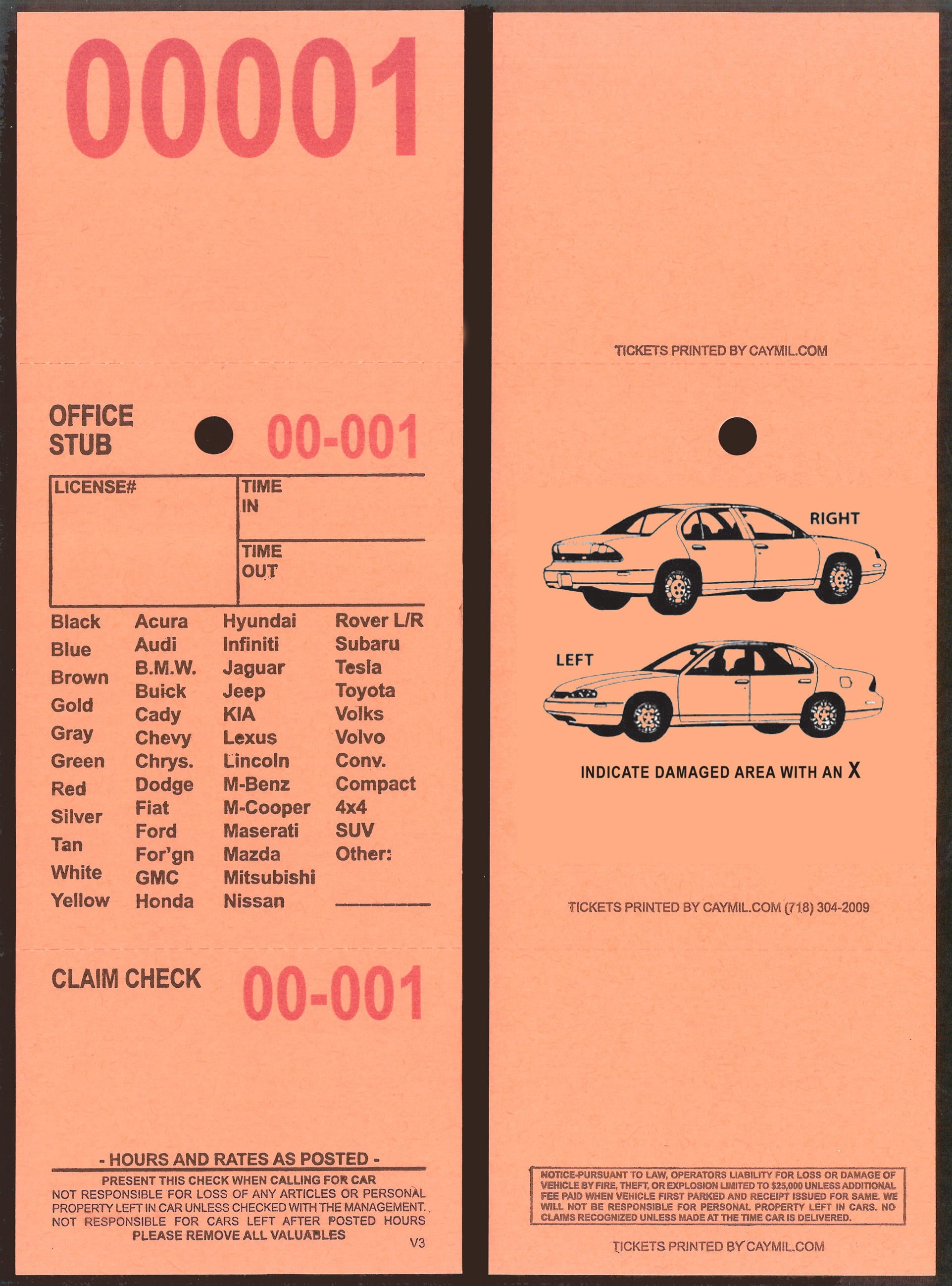 Valet Parking Tickets 3-Part 1,000 with Free Parking Receipts (Salmon)