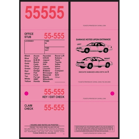 Valet Parking Tickets 4-Part 1,000 with Free Parking Receipts (Pink)