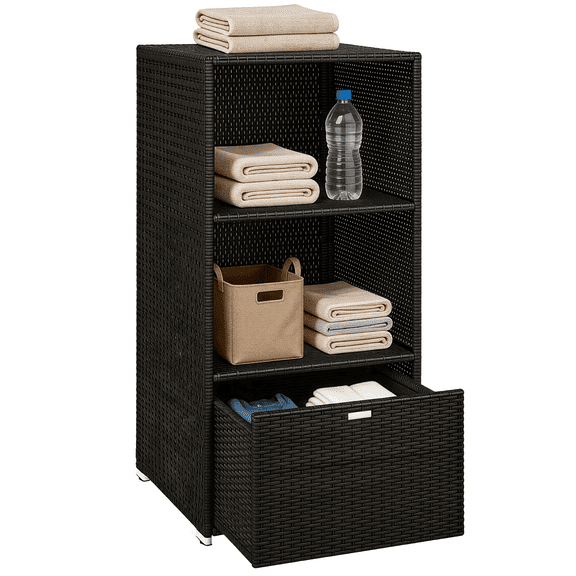 Valet Pool Towel Rack - PE Rattan Wicker Organizer - 2 Shelf, 1 Drawer - Outdoor Indoor Storage for Pool, Spa, Bathroom - Dark Brown