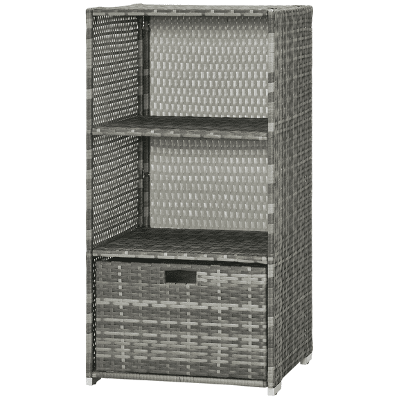 Valet Pool Towel Rack - Waterproof PE Rattan Storage Organizer - Indoor Outdoor Spa Hot Tub Accessory Storage - 2 Shelves, 1 Drawer - Gray