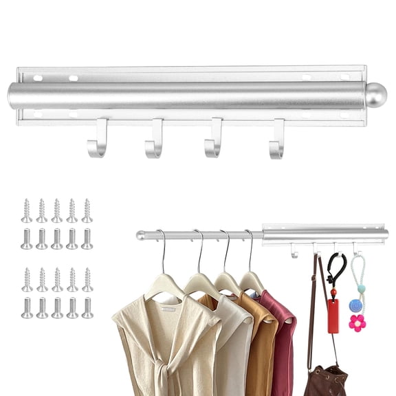 Valet Rod for Closet Pull Out – 12" Retractable Clothing Organizer with 4 Hooks, Heavy Duty Sliding Storage Accessory for Bedroom Laundry Bathroom Daily Use