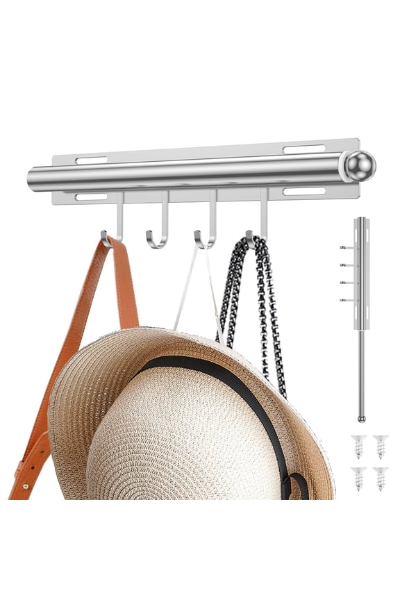 12 inch Carbon Steel Valet Rod for Closets Pull Out Closet Valet Rod with 4 Hooks for Hanging Coat Shirt Scarves Hat Installation Accessories Included