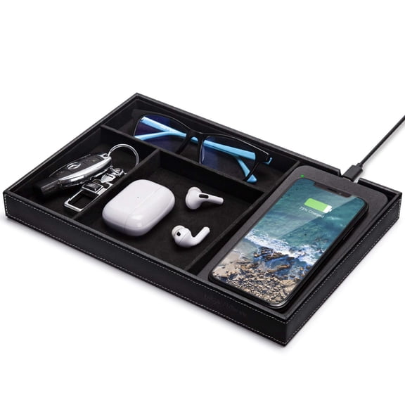 Valet Tray, Built in Wireless Charging Pad, Nightstand Organizer, Two-Toned Premium Vegan Leather Desk Bedside Caddy Organizer Tray for Keys, Watch, Wallet,Jewelry (Brown Patchwork)