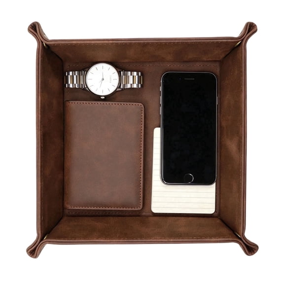 Leather Valet Tray, 7.8" Foldable Desktop Organizer, Leather Key Tray for Nightstand, Dresser and Office, Brown
