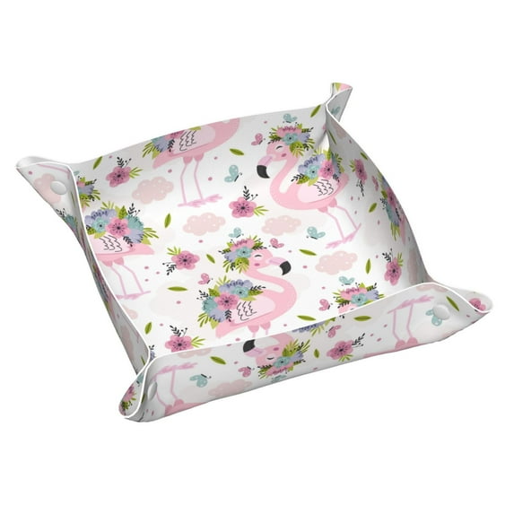 Valet Tray, Flamingo And Flowers Faux Leather Desk Tray Vanity Tray Night Stand Organizer Catch All Tray Key Bowl for Entryway Table, Elegant Valet Tray Storage for Men Women