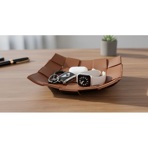 Valet Tray PU Leather Key Holder Bowl for Men Entryway Table Nightstand Desk Tray for Wallet, Keys Men's Gift - Brown & Black, 9.8" L x 9.8" W x 2" H