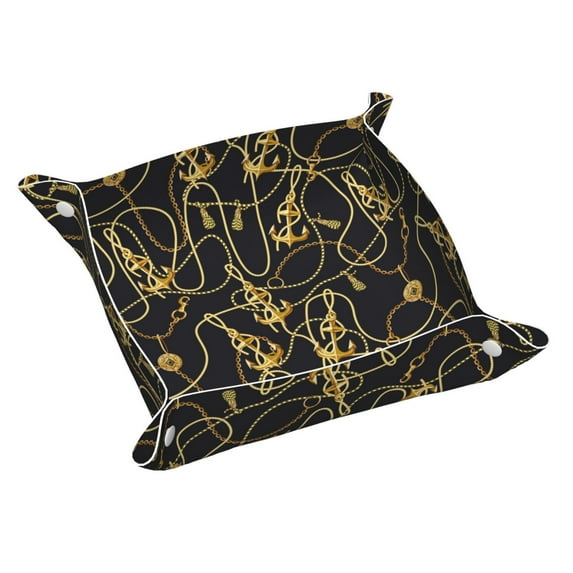 Valet Tray, golden anchor chain navyblue Faux Leather Desk Tray Vanity Tray Night Stand Organizer Catch All Tray Key Bowl for Entryway Table, Elegant Valet Tray Storage for Men Women