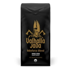 Valhalla Java Odinforce Blend Whole Bean Coffee, USDA Organic and Fair Trade, Medium Roast, Bold Arabica Robusta, 12 oz