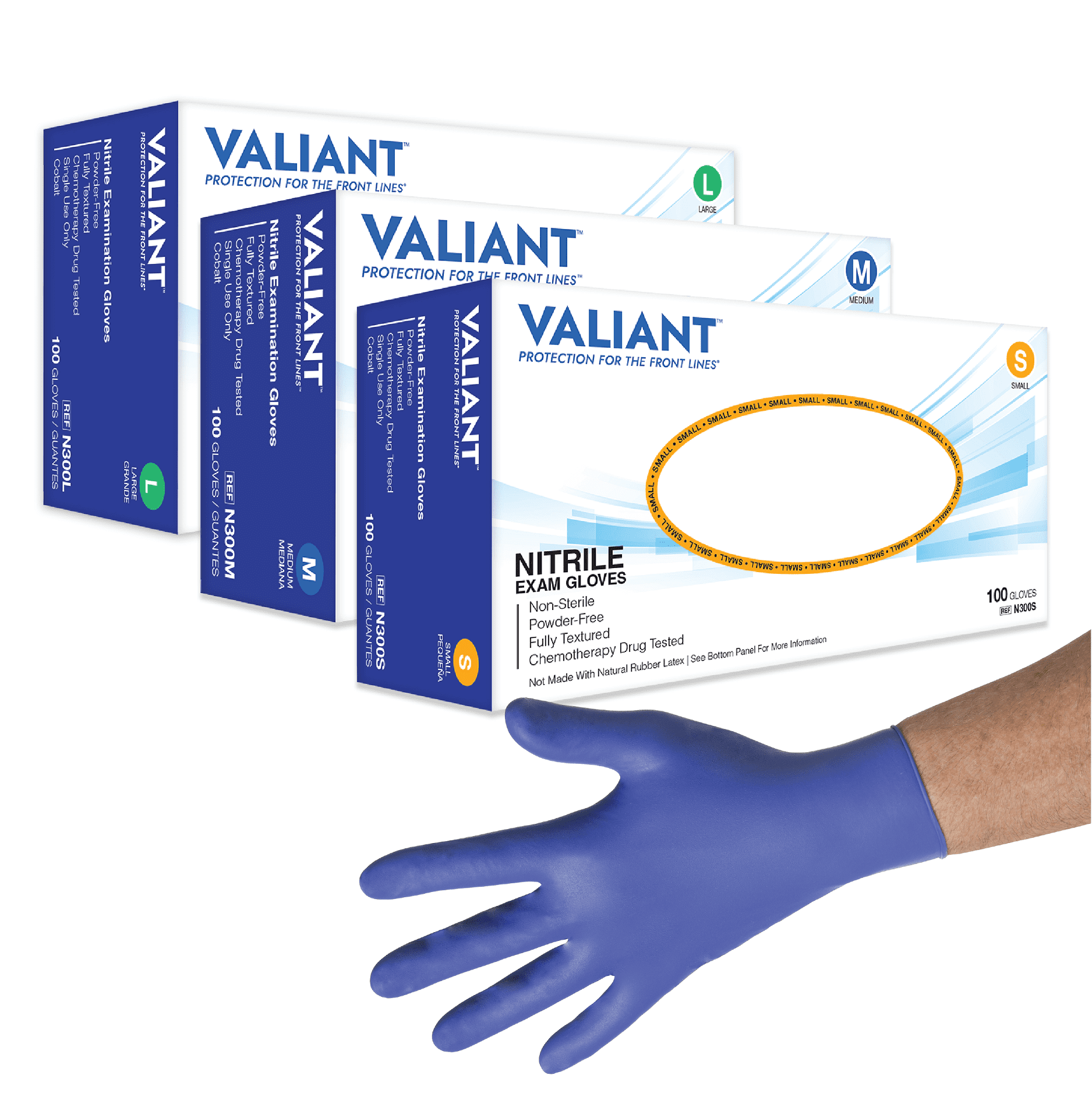 Valiant N300 Nitrile Exam Gloves, Single Use Only, Full Palm and Fingertip Textured, Cobalt, 100 Per Box, 1 Box of Each Sizes Small, Medium, and Large