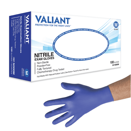 Valiant N300 Nitrile Exam Gloves, Single Use Only, Full Palm and Fingertip Textured, Cobalt, Medium, 100 Per Box, 2 Boxes