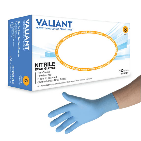 Valiant N3101 Nitrile Exam Gloves, Single Use Only, Fingertip Textured, Blue, Small, 100 Per Box, 10 Boxes (1,000 Gloves)
