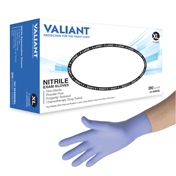 Valiant N3200 Nitrile Exam Gloves, Single Use Only, Fingertip Textured, Cornflower Blue, Extra Large, 200 Per Box, 10 Boxes