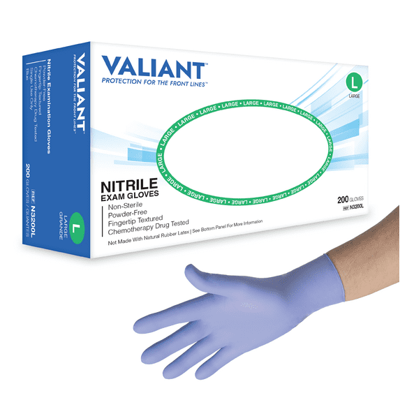 Valiant N3200 Nitrile Exam Gloves, Single Use Only, Fingertip Textured, Cornflower Blue, Large, 200 Per Box, 10 Boxes