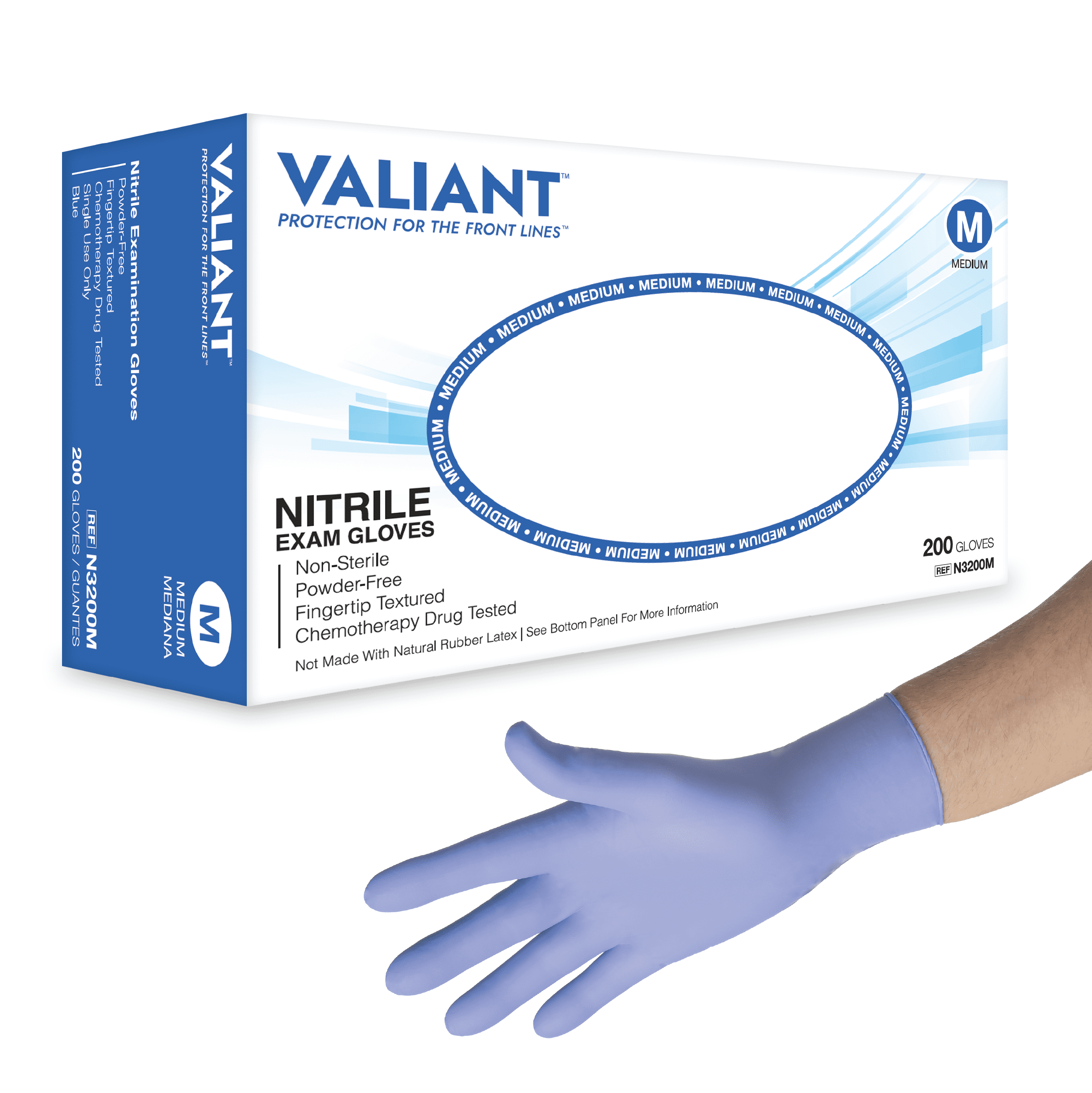 Valiant N3200 Nitrile Exam Gloves, Single Use Only, Fingertip Textured, Cornflower Blue, Medium, 200 Per Box, 10 Boxes