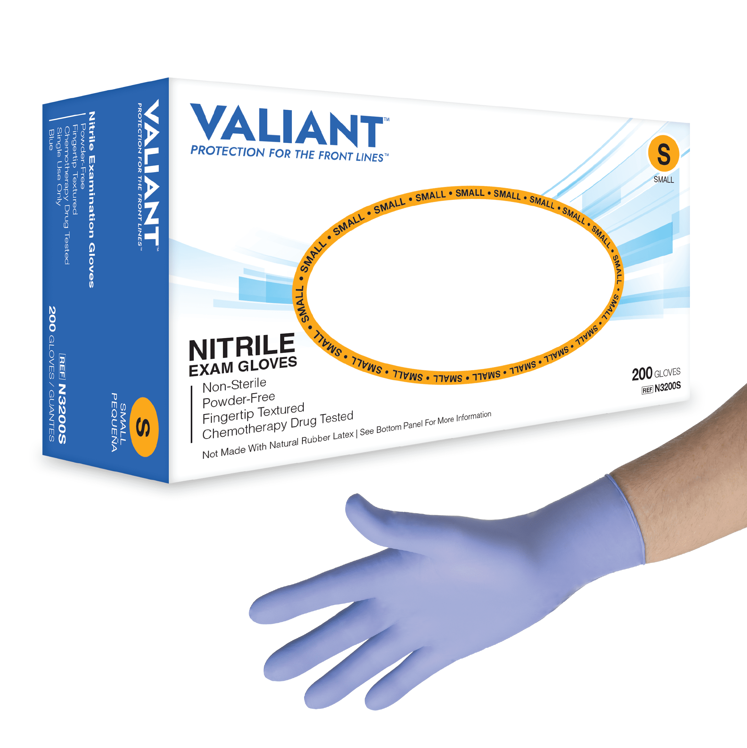 Valiant N3200 Nitrile Exam Gloves, Single Use Only, Fingertip Textured, Cornflower Blue, Small, 200 Per Box, 2 Boxes