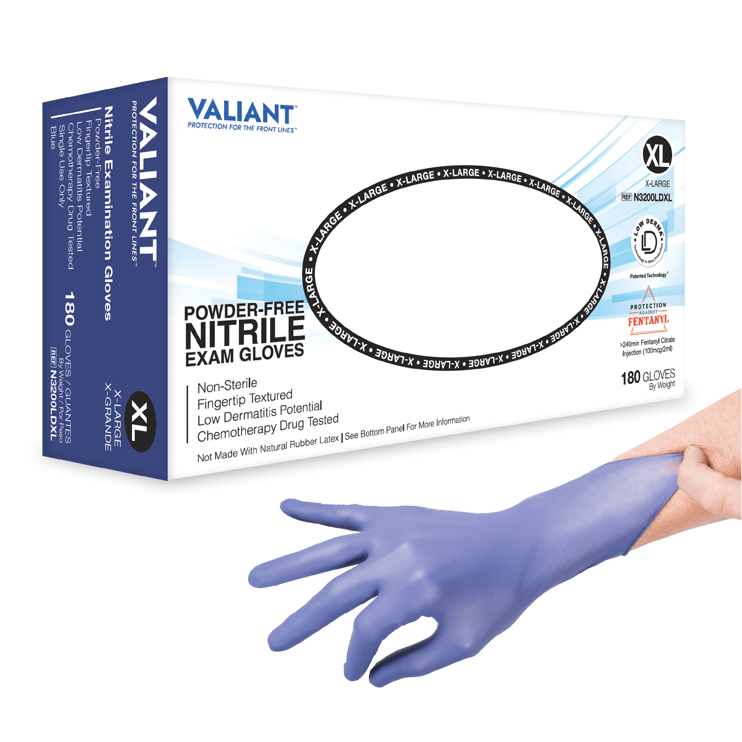 Valiant N3200LD Nitrile Exam Gloves, Single Use Only, Fingertip Textured and Accelerator Free, Berry Blue, Extra Large, 180 Per Box, 10 Boxes