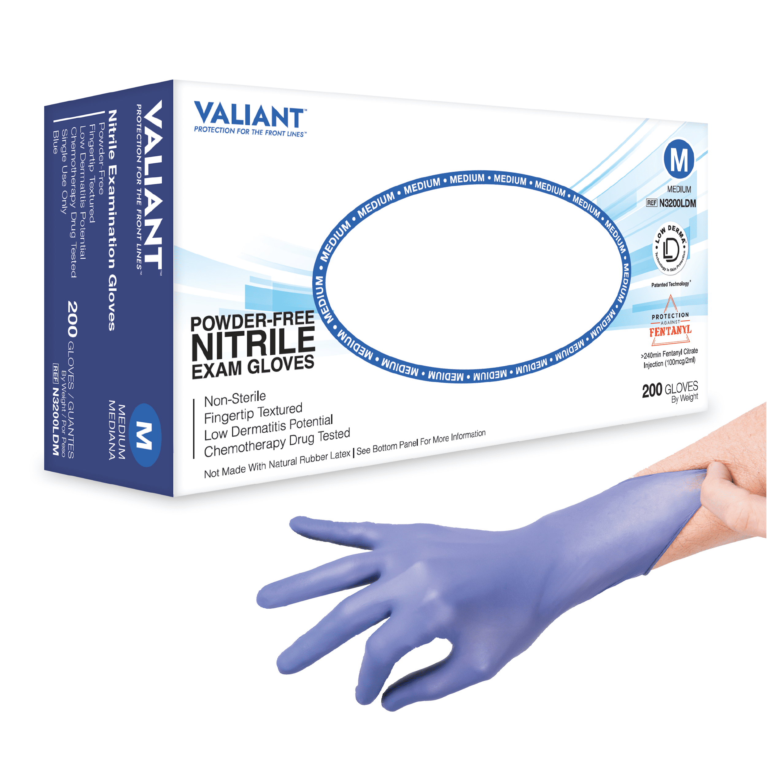 Valiant N3200LD Nitrile Exam Gloves, Single Use Only, Fingertip ...