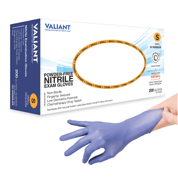 Valiant N3200LD Nitrile Exam Gloves, Single Use Only, Fingertip Textured and Accelerator Free, Berry Blue, Small, 200 Per Box, 2 Boxes