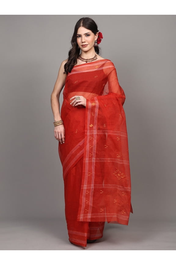 Valiant-Poppy Cotton Saree with Stripes woven Border and Pallu