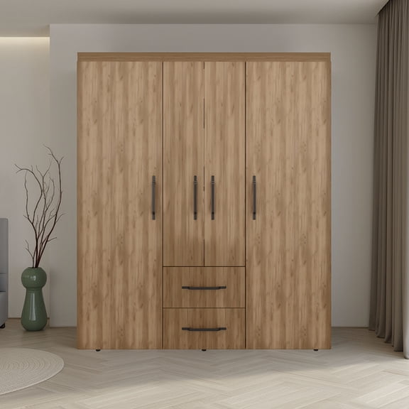 Valier Wardrobe, Deluxe Armoire with Multiple Storage Options and Metal Accents, Natural Oak