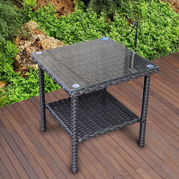 Valita Outdoor PE Wicker Side Table Glass Top Garden Poolside Small Patio Rattan Furniture Square End Table, Black
