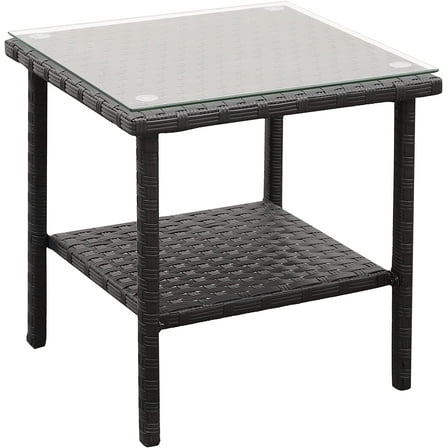 Valita Outdoor Wicker Glass Top Side Table Patio Rattan Square End Table, Black