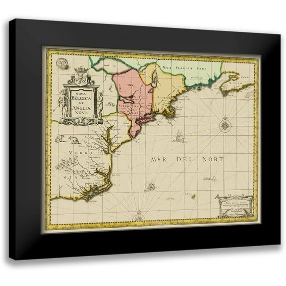 Valk 18x15 Black Modern Framed Museum Art Print Titled - New England to Virginia, Nova Belgica - Valk 1636