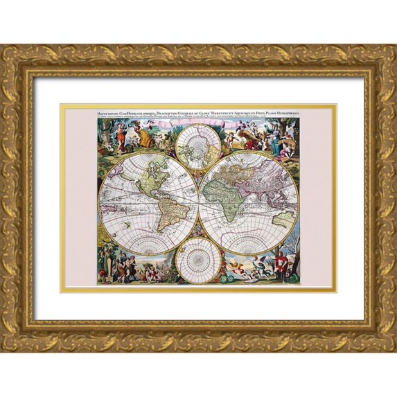 Valk, Gerard 18x13 Gold Ornate Wood Framed with Double Matting Museum Art Print Titled - Stereographic Map of the World with Classical Illustration