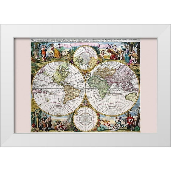 Valk, Gerard 32x23 White Modern Wood Framed Museum Art Print Titled - Stereographic Map of the World with Classical Illustration