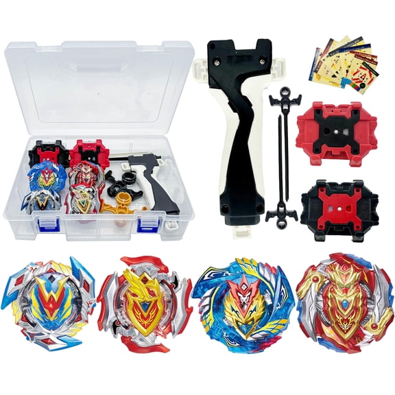 Valkyrie & Achilles 4-Piece Bey Battle Spinner Set with Box, Metal Fusion Blade Tops, Includes Launcher Handle