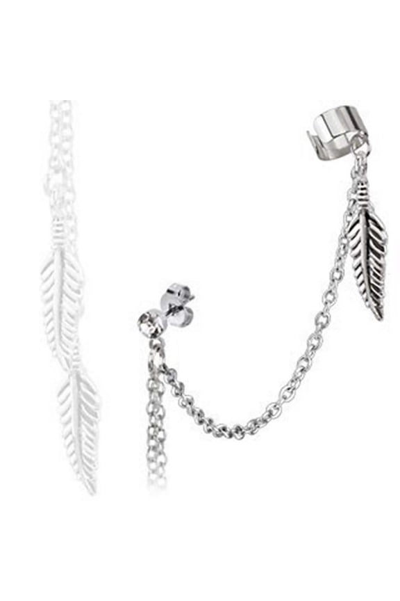 Valkyrie Ear Cuff Chain to Lobe Stud Stainless Steel Feather Cosplay Earring