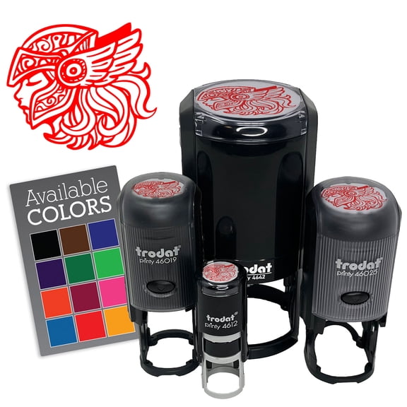 Valkyrie Female Viking Warrior Knight Winged Helmet Self-Inking Rubber Stamp Ink Stamper for Stamping Crafting Planners - Blue Ink - Mini 1/2 Inch