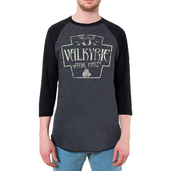 Valkyrie Valhalla Special Forces Retro Vintage Mens Raglan T Shirt Heather Black-Black LG