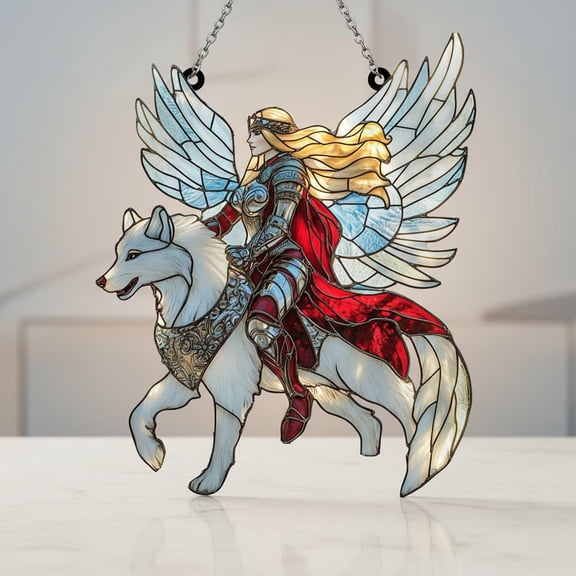 Valkyrie White Wolf Acrylic Suncatcher Winged Norse Warrior Woman Fantasy Window Hanging Home Decor Goddess Strength Protection