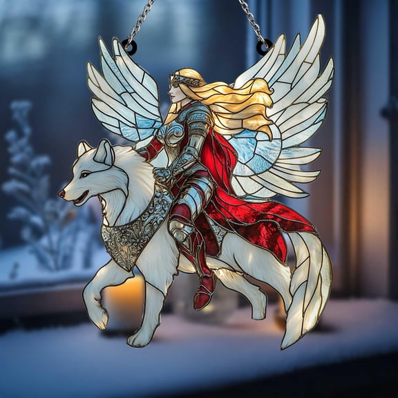 Valkyrie on White Wolf Acrylic Suncatcher fullxfull Winged Norse Warrior Woman in Red Cloak, Fantasy Window Hanging for Strength and Protection