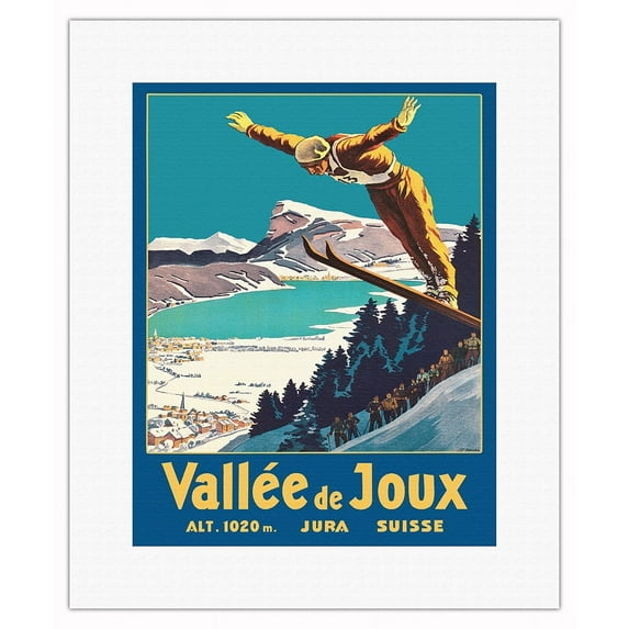 Vallée de Joux Switzerland - Swiss Jura Mountains Ski Jumping - Vintage Travel Poster by Johannes Emil Müller c.1930 - Fine Art Rolled Canvas Print 11in x 14in