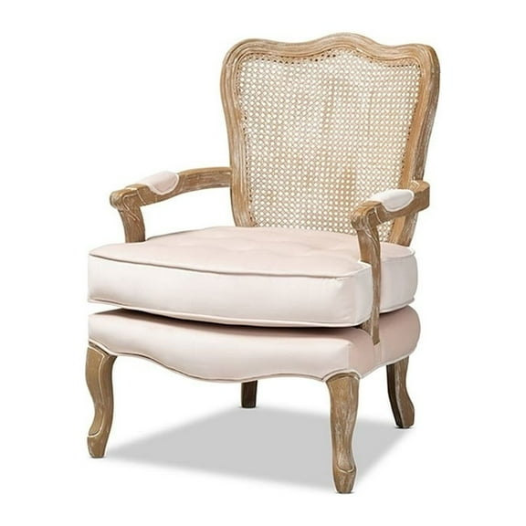 Baxton Studio Vallea Traditional French Provincial Light Beige Velvet Fabric Upholstered White-Washed Oak Wood Armchair