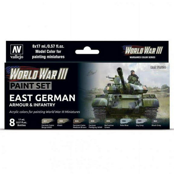 Vallejo 70224 WWIII East German Armor & Infantry Paints (8 Colors) 17ml Bottles