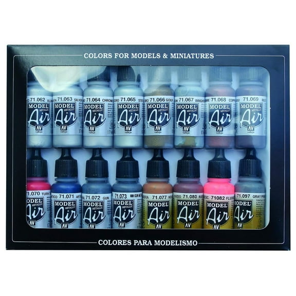 Vallejo Paints: Model Air Color Set - Metallic Effects - 16 Paint Colors - 18ml (.60oz) Bottles, Acrylics For Modeling & Miniatures, Opaque, Hobby