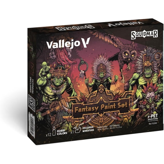 Vallejo - Squidmar Edition Fantasy Paint Set | High-Coverage Formula | Game and Model Color Ranges Assortment | Exclusive Miniature Included & Video Tutorial | 12 Bottles x 18 ml. (0.60 fl.oz.)