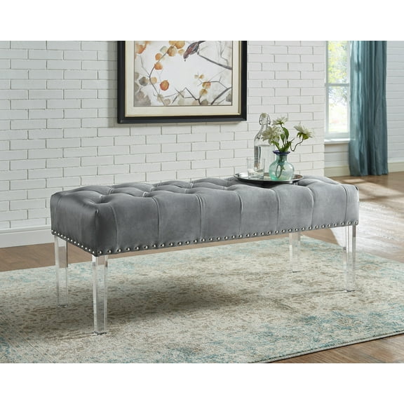 Valley Button Tufted Velvet Upholstered Bench with Acrylic Leg, Gray