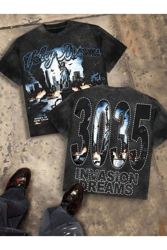 Valley Dreams Statue Of Liberty & City Explosion & "3035 INVASION DREAMS" Text 230g Combed Washed Cotton T-Shirt, Street Short-Sleeve Top, American