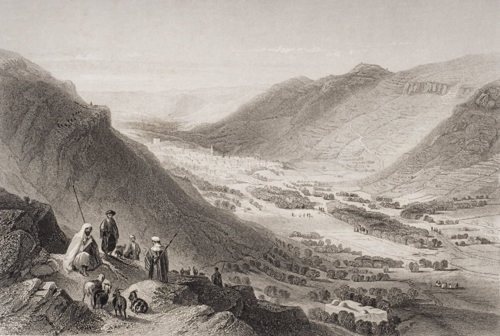Valley Of Sichem And Nablous From Mount Gerizim Palestine Engraved By JC Bentley After WH Bartlett Canvas Art - Ken Welsh Design Pics (36 x 24)