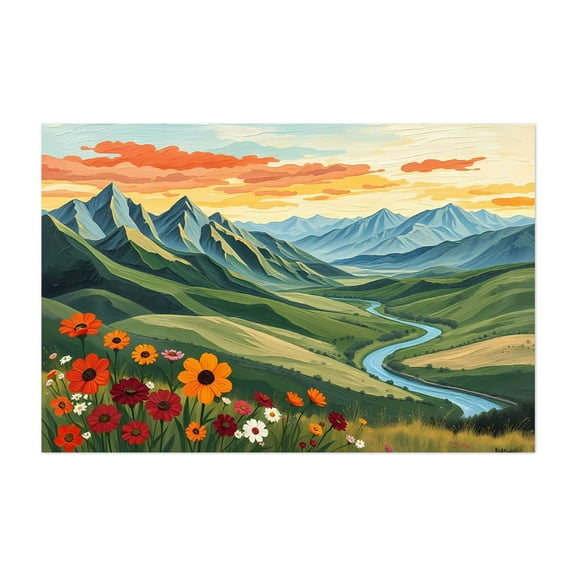 Valley Serenade - Painting Landscape Mountain Floral Nature Scenic Rural Summer Unframed Wall Art Print 4 x 6 inches