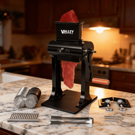 Valley Sportsman 2-in-1 Manual Meat Tenderizer and Jerky Slicer, With 2 Sets of Stainless Steel Blades, Cuts Meat Up to 4" Wide and 0.8" Thick, Black